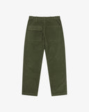 Flat back view of Uskees green corduroy trousers showing the waist adjusters and back pockets on a white background.