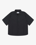 Front flat shot of Uskees black short-sleeve Technique trekking shirt for men indicating relaxed fit.