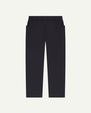 Full length back flat shot of midnight blue green lightweight cotton 5011 trousers showing the deep pockets and the relaxed, tapered fit on the leg.