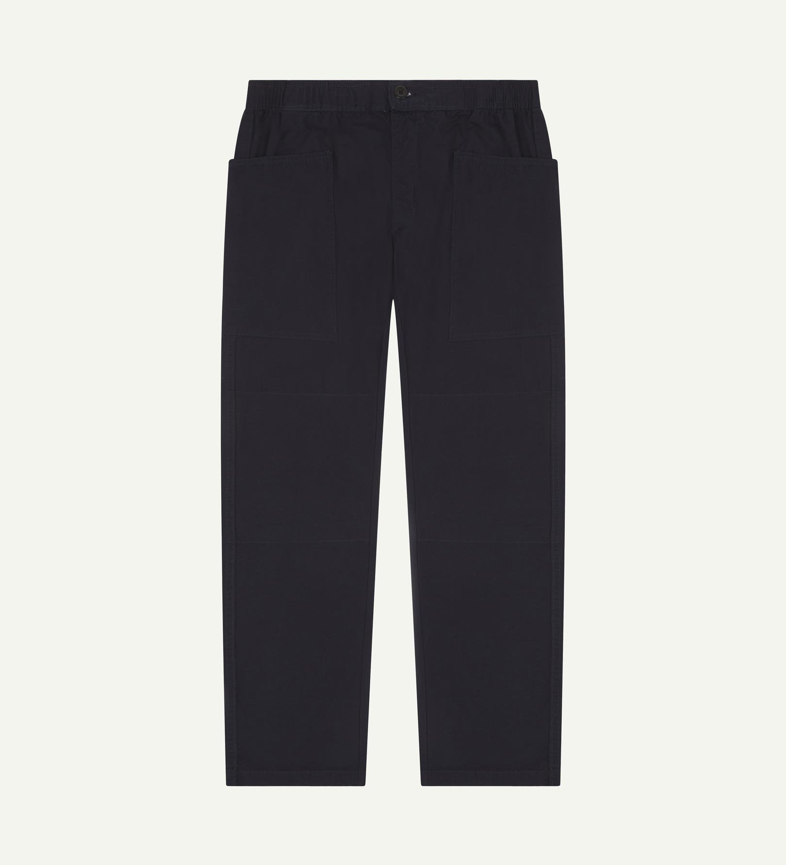 Front shot of 5011 Uskees men's organic 'midnight blue-green' casual trousers. Clearly showing the elasticated waist, front pockets and tapered leg.