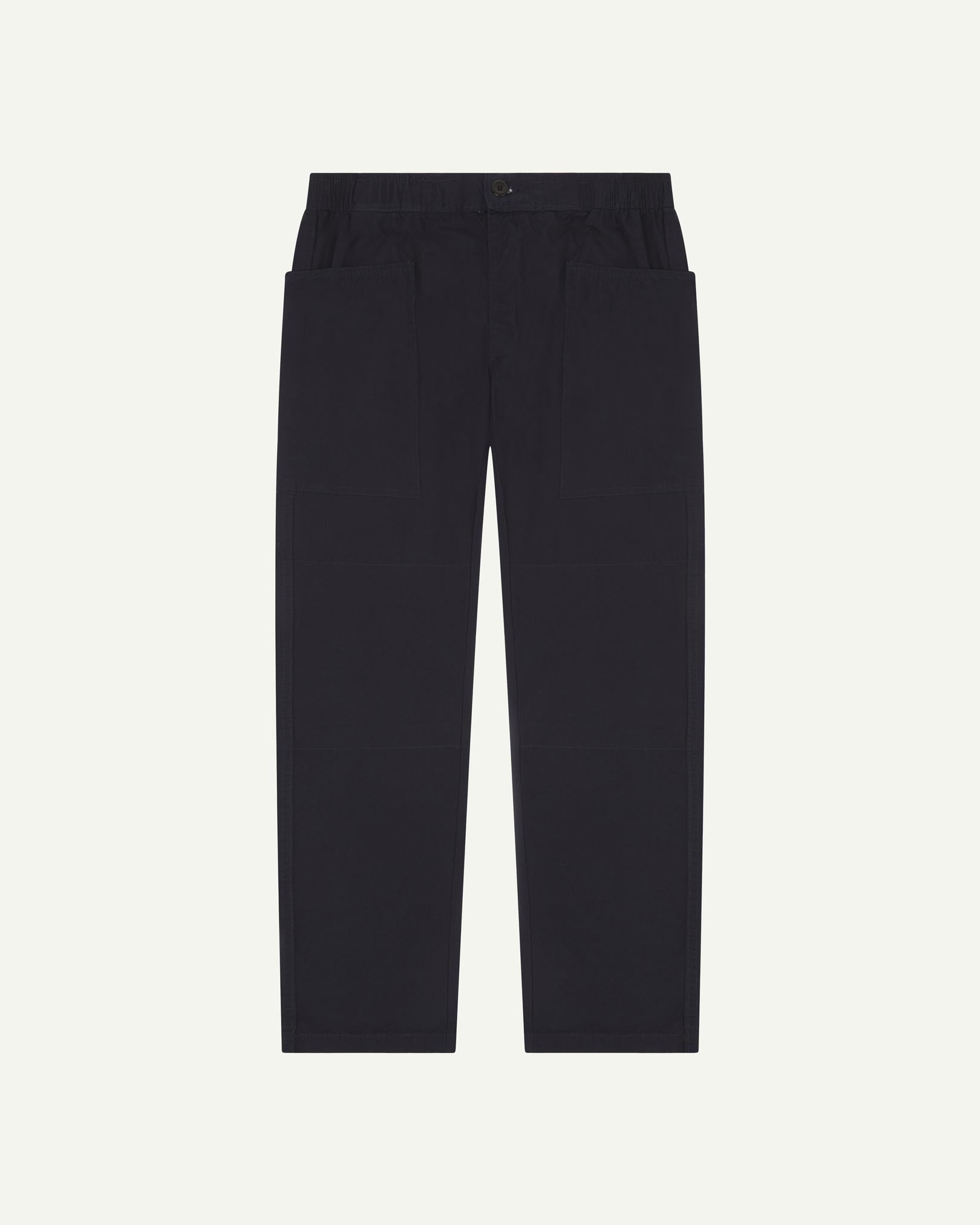 Front shot of 5011 Uskees men's organic 'midnight blue-green' casual trousers. Clearly showing the elasticated waist, front pockets and tapered leg.