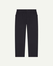 Front shot of 5011 Uskees men's organic 'midnight blue-green' casual trousers. Clearly showing the elasticated waist, front pockets and tapered leg.