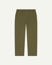 Full length back flat shot of olive green lightweight cotton 5011 trousers showing the deep pockets and the relaxed, tapered fit on the leg.