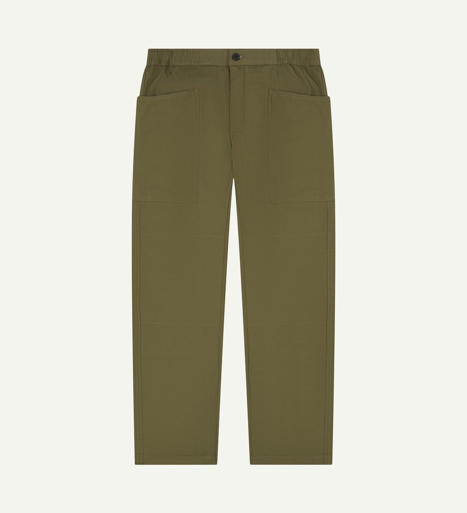 Front shot of 5011 Uskees men's organic 'olive-green' casual trousers. Clearly showing the elasticated waist, front pockets and tapered leg.