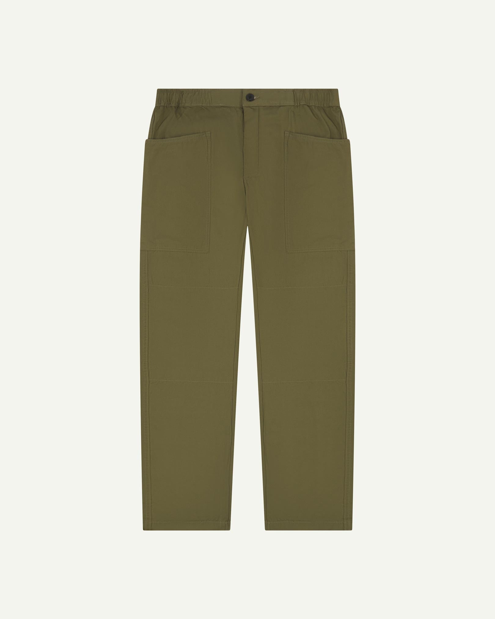 Front shot of 5011 Uskees men's organic 'olive-green' casual trousers. Clearly showing the elasticated waist, front pockets and tapered leg.