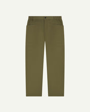 Front shot of 5011 Uskees men's organic 'olive-green' casual trousers. Clearly showing the elasticated waist, front pockets and tapered leg.