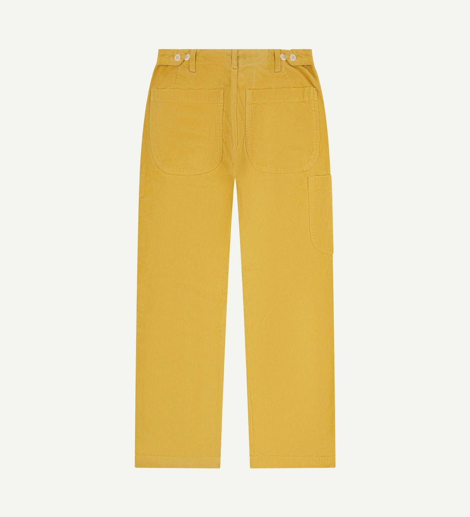 Full length back view of Uskees 5012 men's corduroy acid yellow (citronella) pants with a view of belt loops, waist adjusters and tool pocket on thigh.