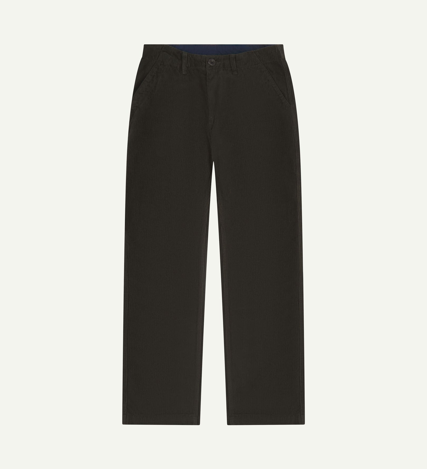 Full length front view of Uskees 5012 men's organic cord 'faded black' casual trousers with a view of adjustable waistband and straight leg sillhouette.