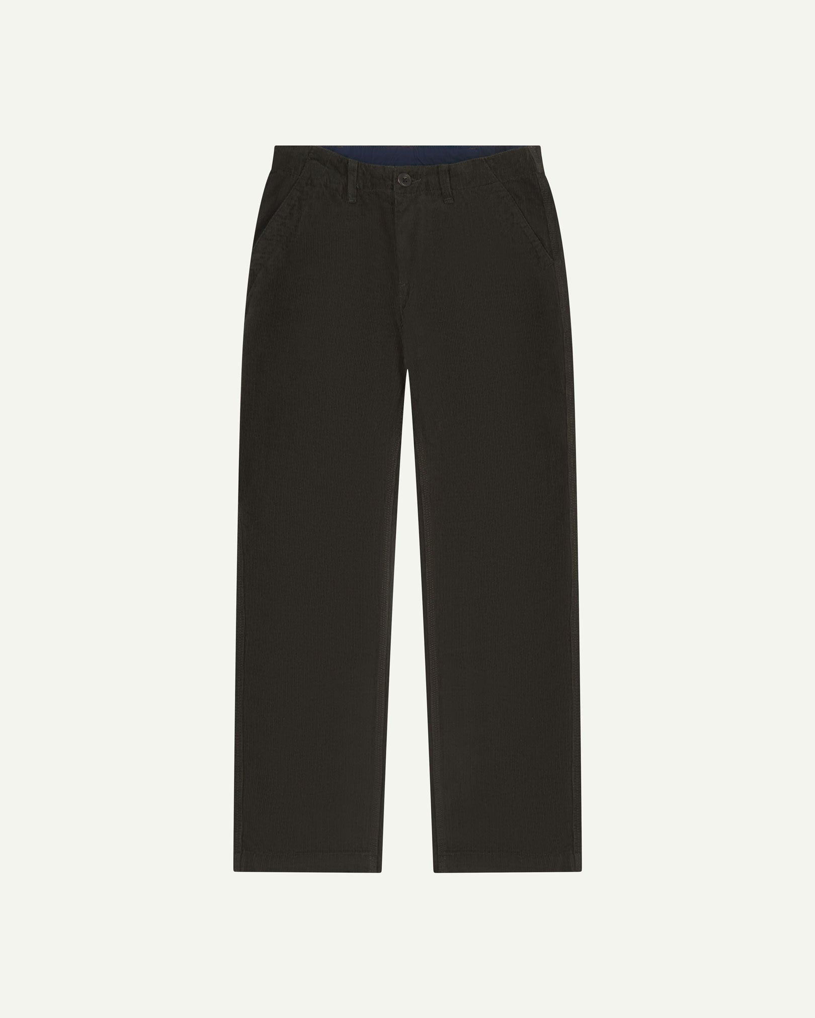 Full length front view of Uskees 5012 men's organic cord 'faded black' casual trousers with a view of adjustable waistband and straight leg sillhouette.