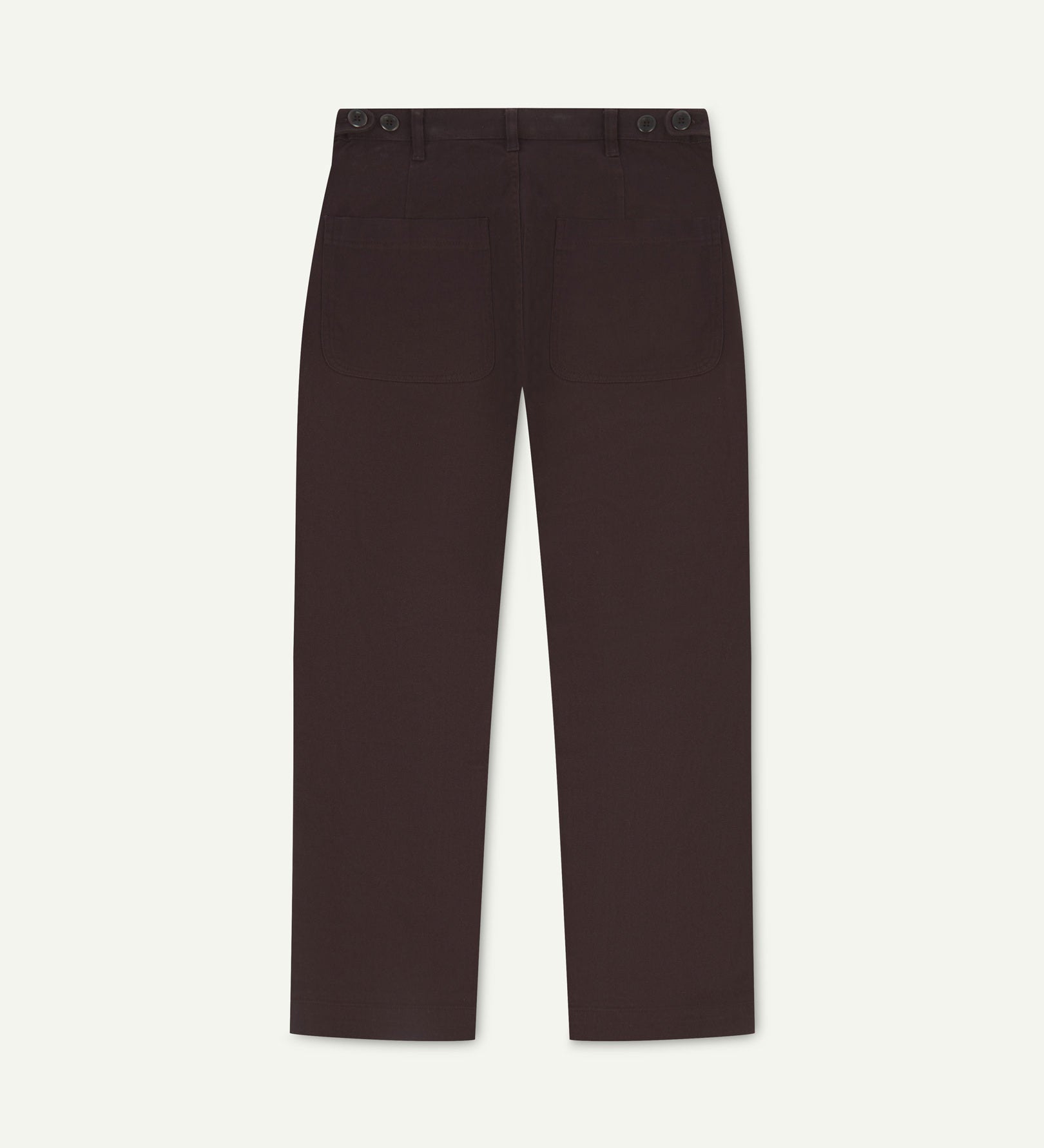 Back flat view of 5013 Uskees drill straight leg pants in brown-maroon, with focus on on rear pockets and adjustable waistband with corozo buttons.