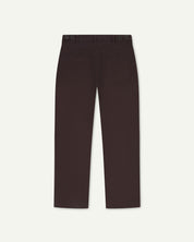 Back flat view of 5013 Uskees drill straight leg pants in brown-maroon, with focus on on rear pockets and adjustable waistband with corozo buttons.