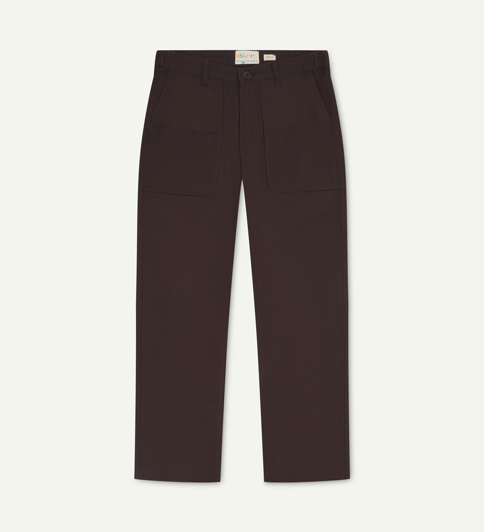 Front flat view of 5013 Uskees drill straight leg pants in brown-maroon, with focus on front pockets, layered pockets, belt loops and Uskees branding label.