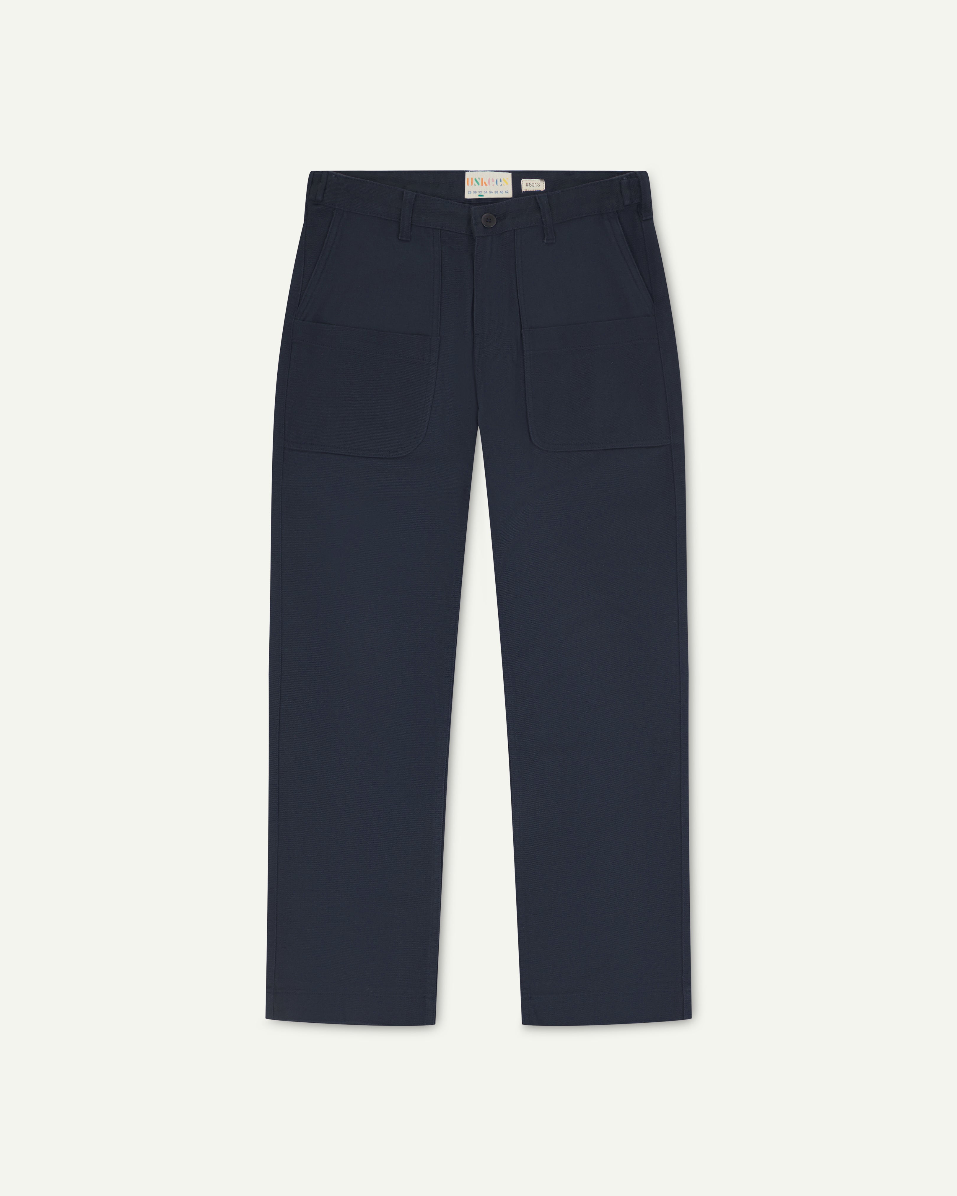 Flat shot of uskees dark blue drill trousers for men showing label at waistband