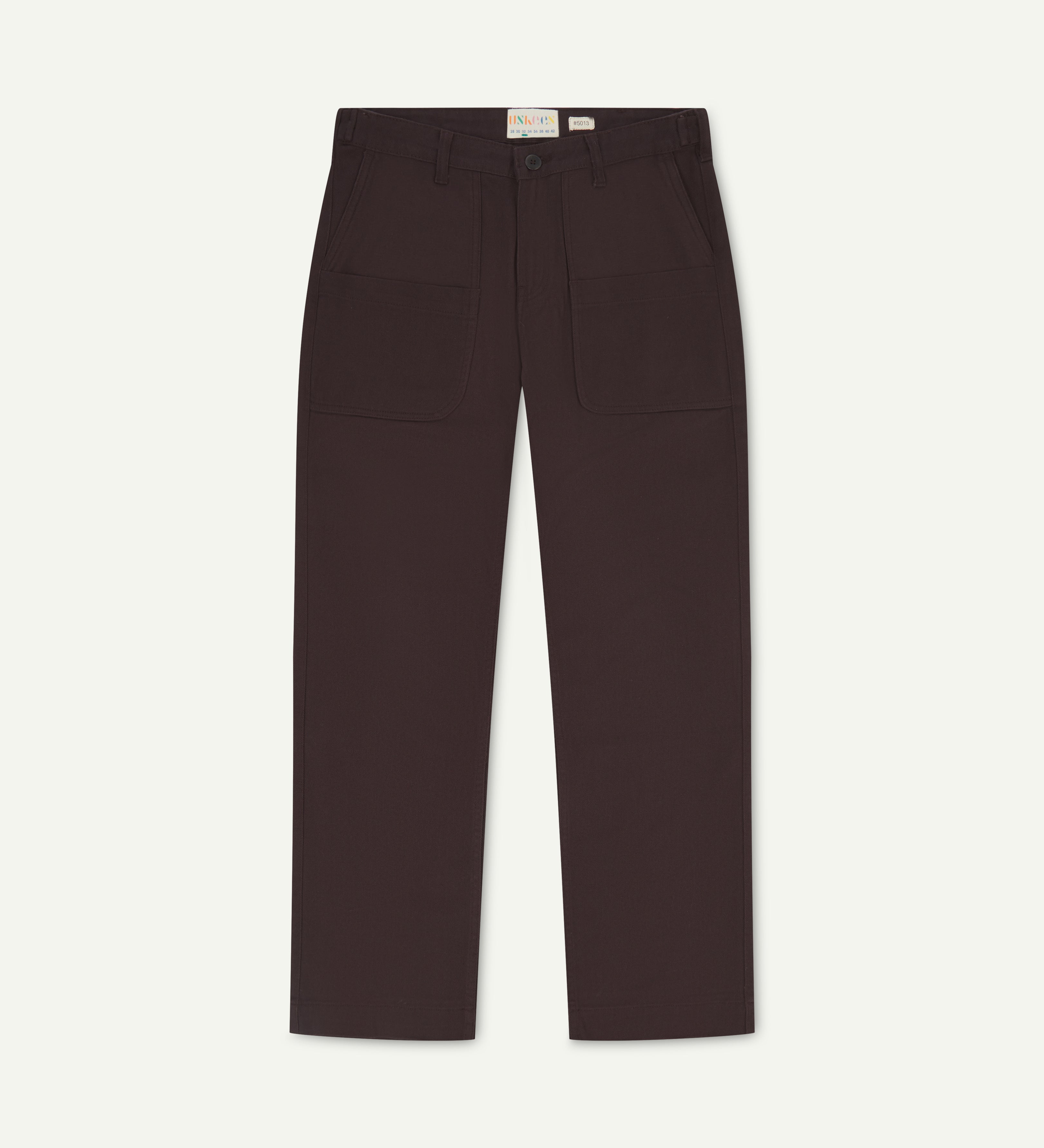 Front flat shot of uskees dark plum colour  drill trousers for men showing label at waistband