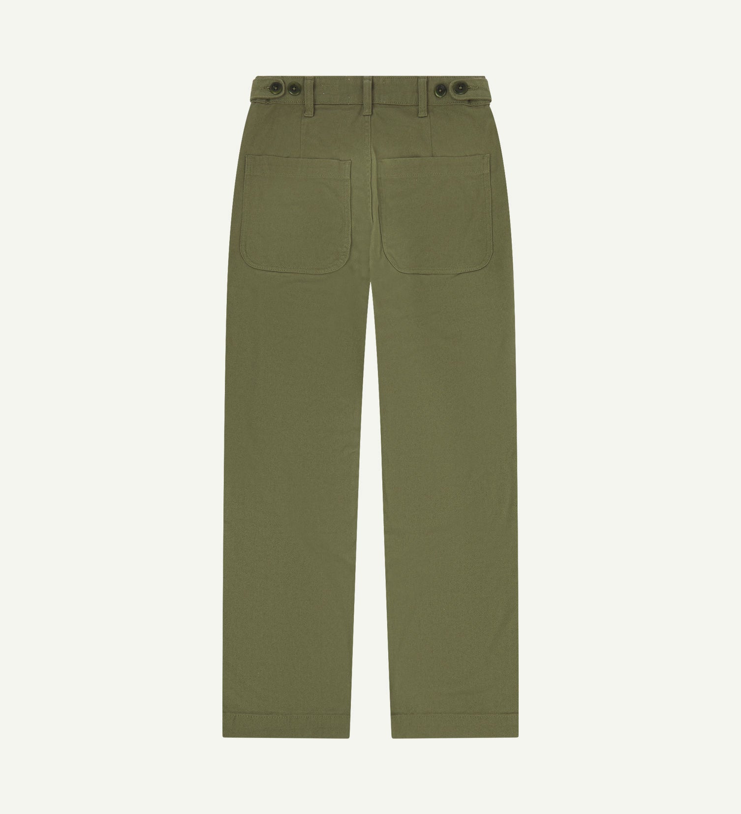 Back flat view of 5013 Uskees drill straight leg pants in moss green, with focus on on rear pockets and adjustable waistband with corozo buttons.