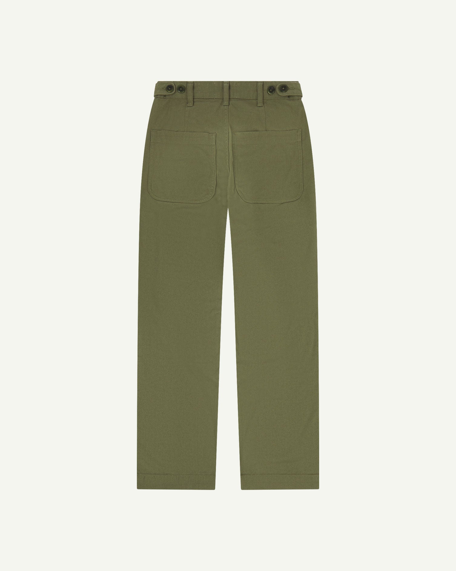 Back flat view of 5013 Uskees drill straight leg pants in moss green, with focus on on rear pockets and adjustable waistband with corozo buttons.