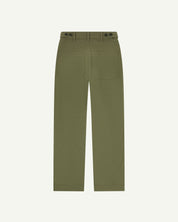 Back flat view of 5013 Uskees drill straight leg pants in moss green, with focus on on rear pockets and adjustable waistband with corozo buttons.