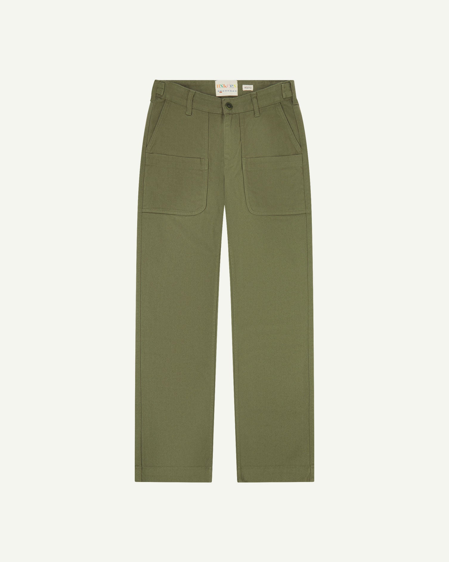 Front flat view of 5013 Uskees drill straight leg pants in moss green, with focus on front pockets, layered pockets, belt loops and Uskees branding label.