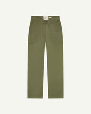 Front flat view of 5013 Uskees drill straight leg pants in moss green, with focus on front pockets, layered pockets, belt loops and Uskees branding label.