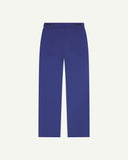 Back flat view of 5013 Uskees drill straight leg pants in ultra blue, with focus on on rear pockets and adjustable waistband with corozo buttons.