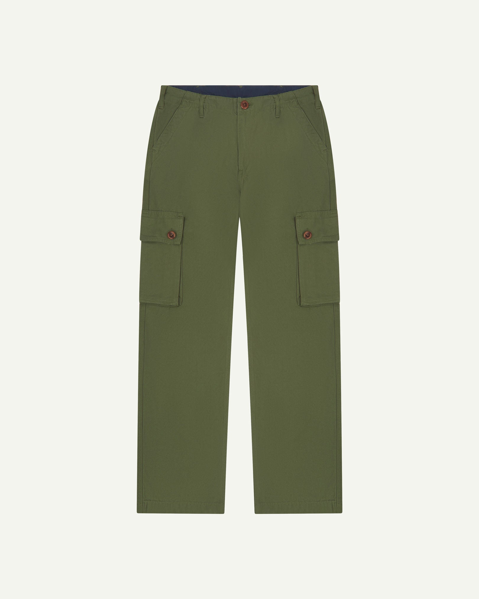 Flat front view of 5014 Uskees men's organic cotton 'coriander-green' cargo trousers showing front pockets, cargo pockets and adjustable waistband