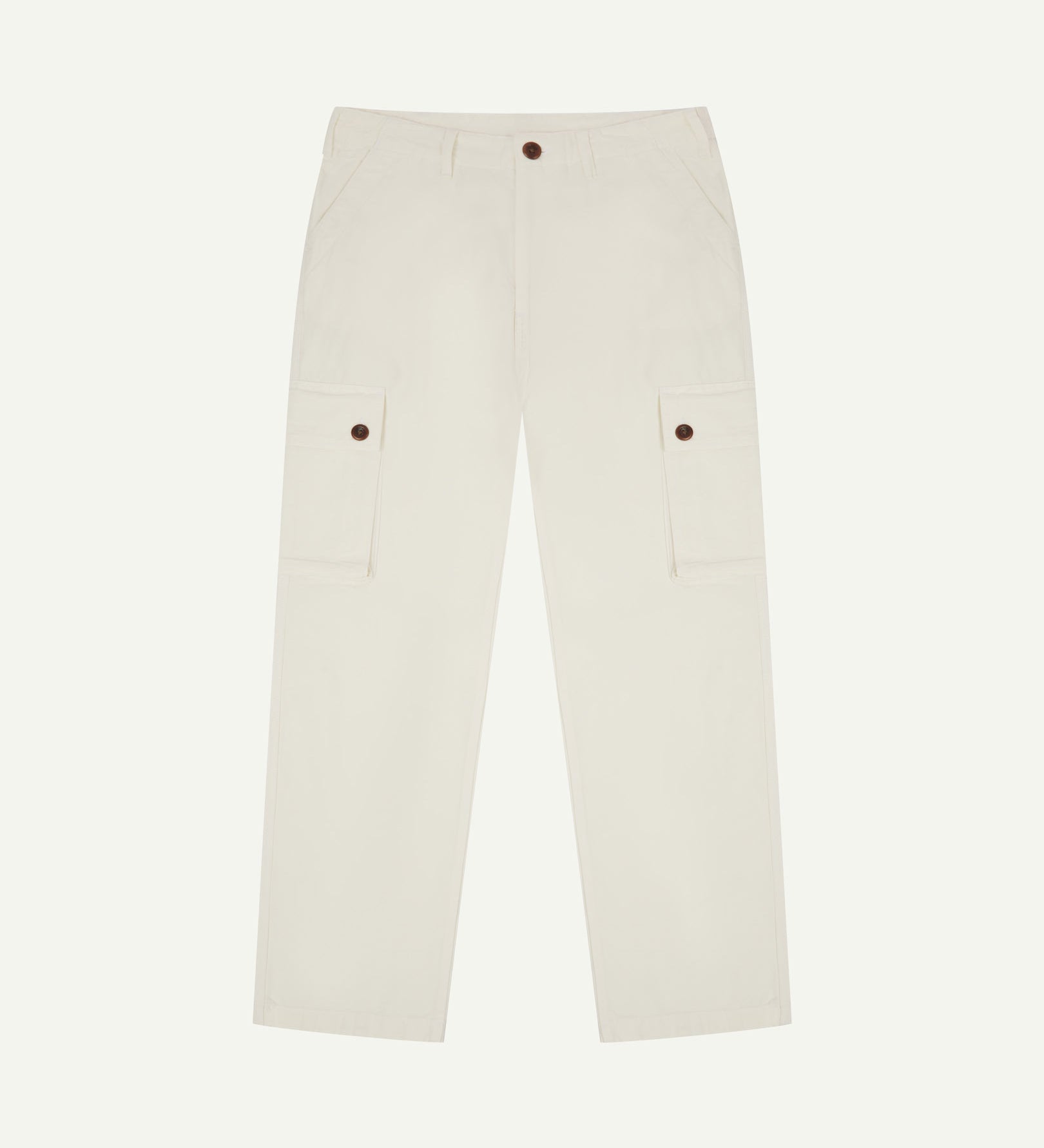 Flat front view of 5014 Uskees men's organic cotton cream cargo trousers showing front pockets, cargo pockets and adjustable waistband