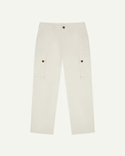 Flat front view of 5014 Uskees men's organic cotton cream cargo trousers showing front pockets, cargo pockets and adjustable waistband