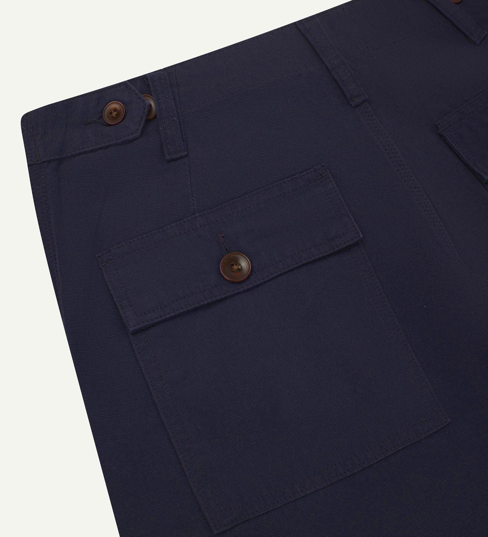 Reverse close-up of cargo pocket detailing and corozo buttons of the midnight blue 5014 pants from Uskees.