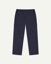 Flat front view of 5014 Uskees men's organic cotton midnight blue cargo trousers showing front pockets, cargo pockets and adjustable waistband