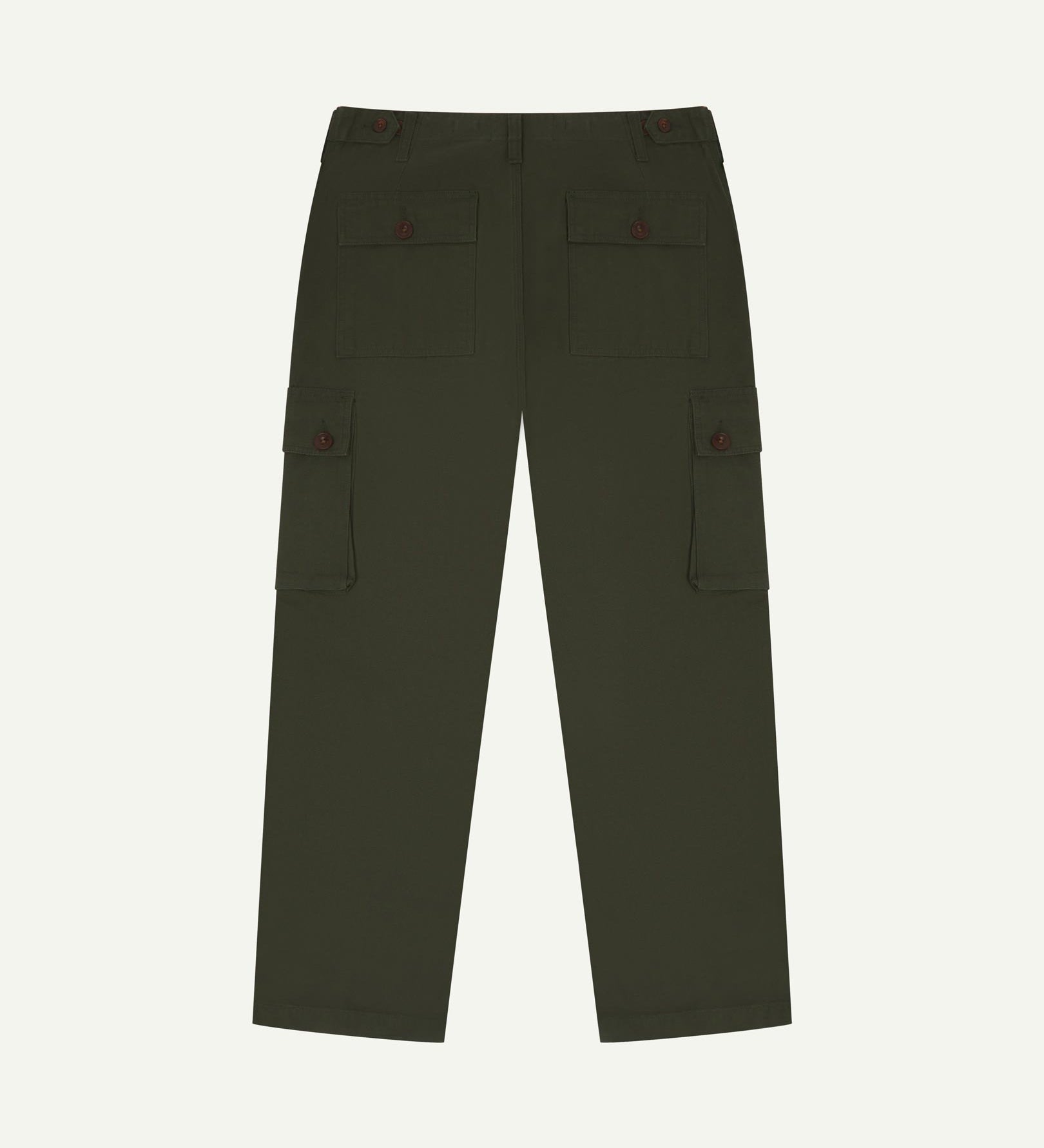Reverse view of Uskees 5014 pants showing button-down back pockets and cargo pockets along with robust belt loops and waist adjuster along with wide leg silhouette. 