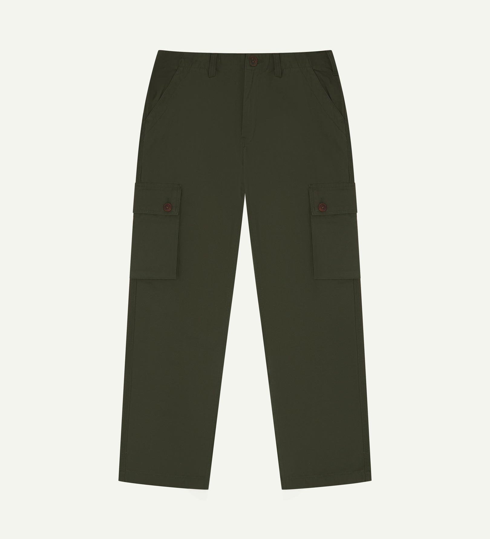 Flat front view of 5014 Uskees men's organic cotton vine green cargo trousers showing front pockets, cargo pockets and adjustable waistband