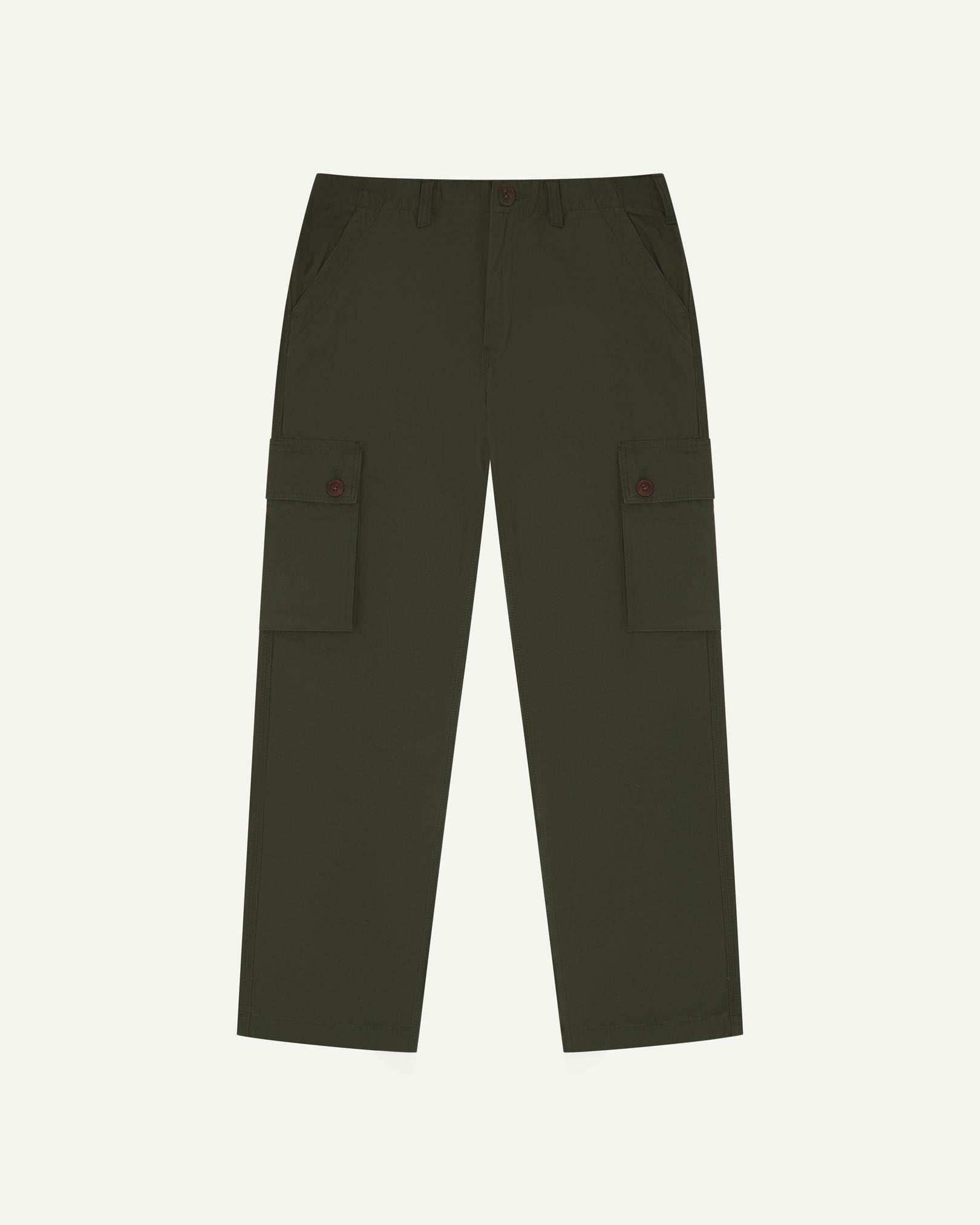 Flat front view of 5014 Uskees men's organic cotton vine green cargo trousers showing front pockets, cargo pockets and adjustable waistband