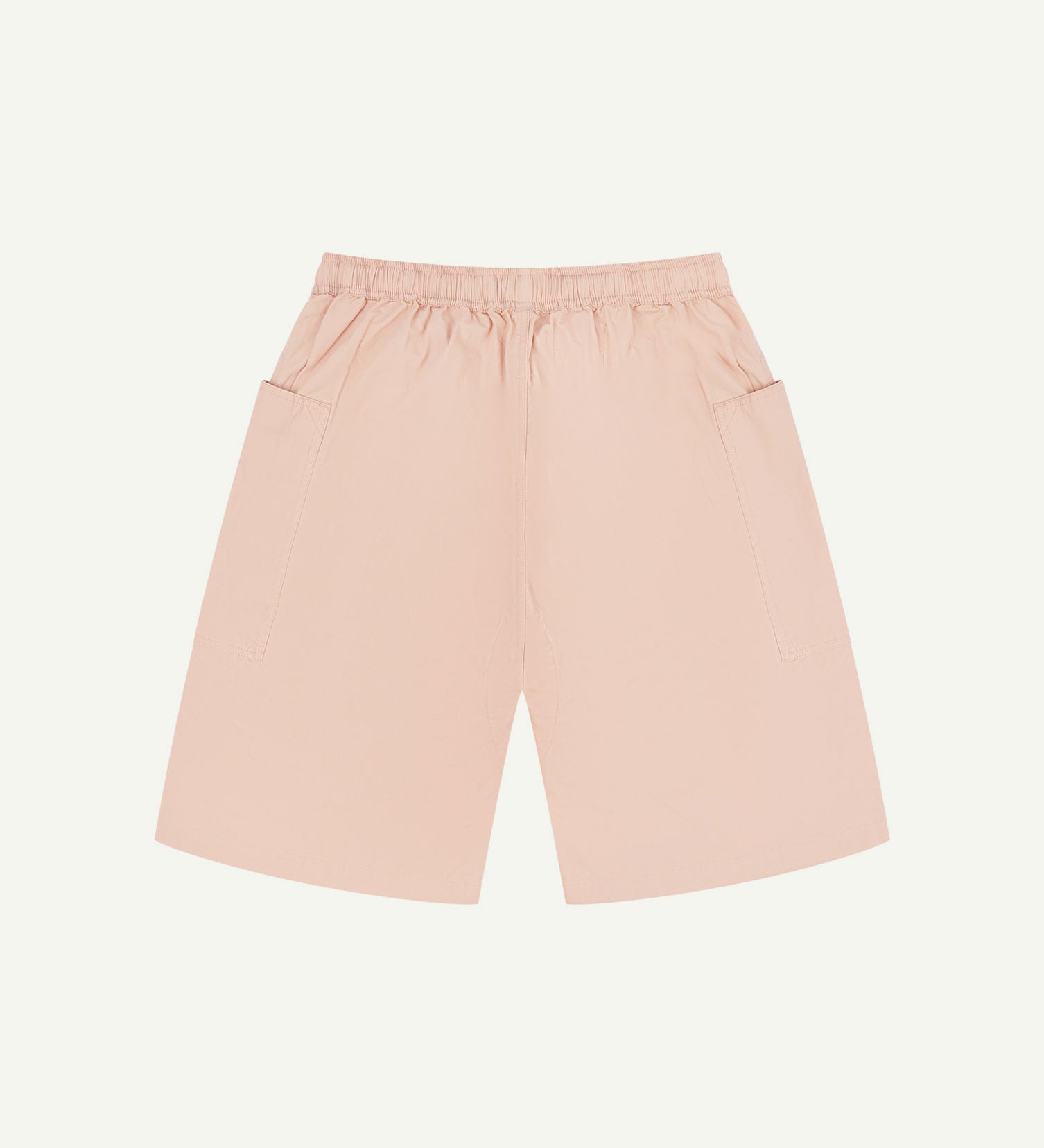Back flat view of dusty pink organic cotton #5015 lightweight cotton shorts by Uskees. Clear view of lightweight elasticated waist and pockets.