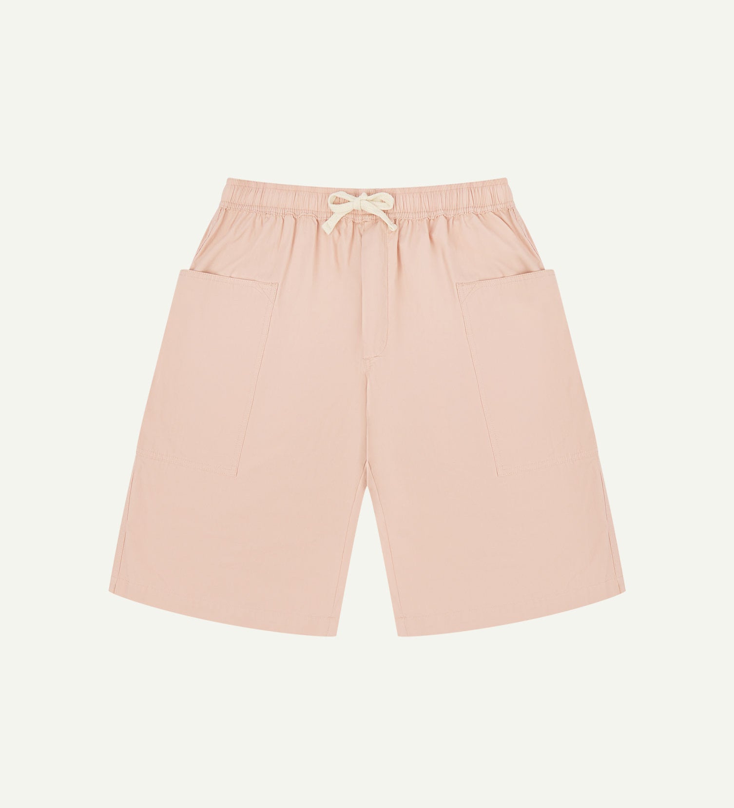 Front flat view of dusty pink organic cotton #5015 lightweight cotton shorts by Uskees. Clear view of drawstring and deep front pockets.