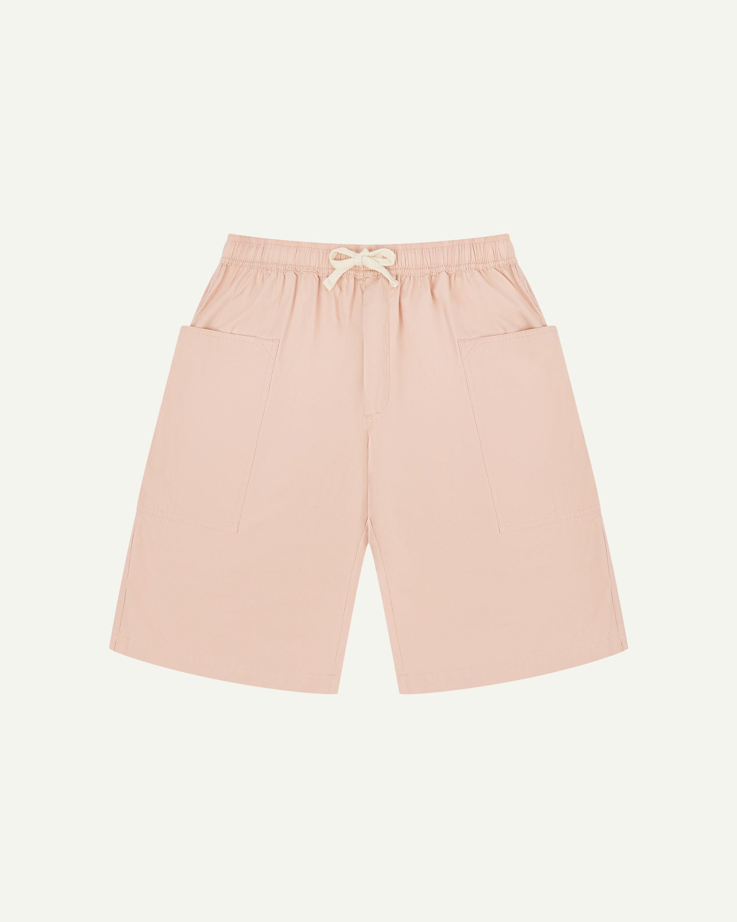 Front flat view of dusty pink organic cotton #5015 lightweight cotton shorts by Uskees. Clear view of drawstring and deep front pockets.