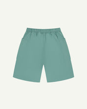 Back flat view of eucalyptus-green organic cotton #5015 lightweight cotton shorts by Uskees. Clear view of lightweight elasticated waist and pockets.