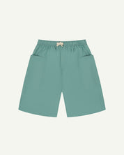 Front flat view of eucalyptus-green organic cotton #5015 lightweight cotton shorts by Uskees. Clear view of drawstring and deep front pockets.