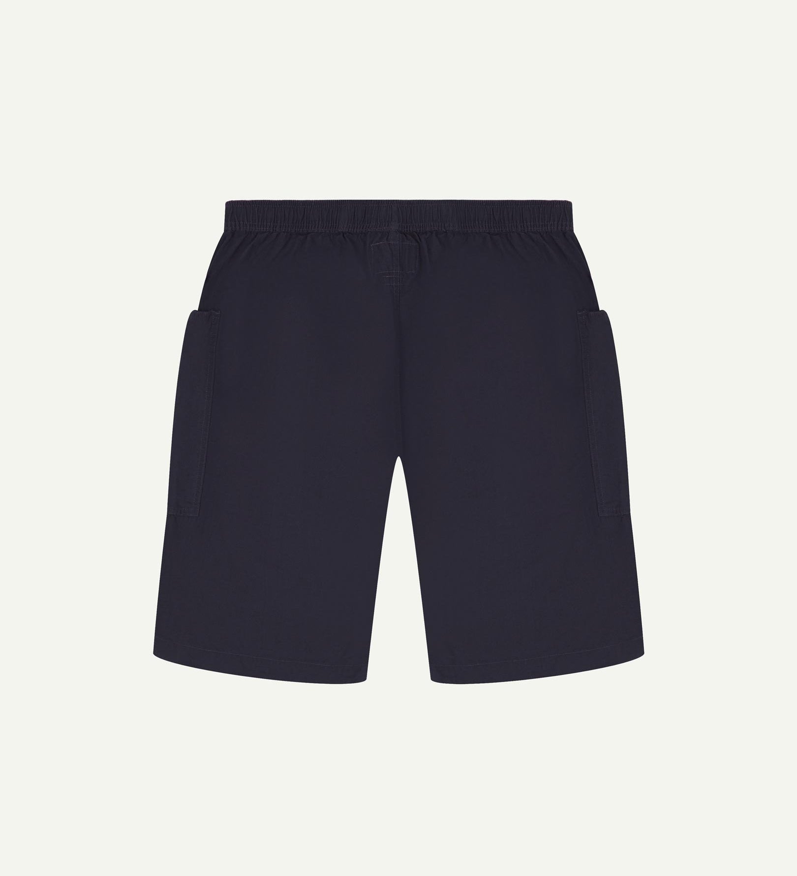 Back flat view of midnight blue organic cotton #5015 lightweight cotton shorts by Uskees. Clear view of lightweight elasticated waist and pockets.
