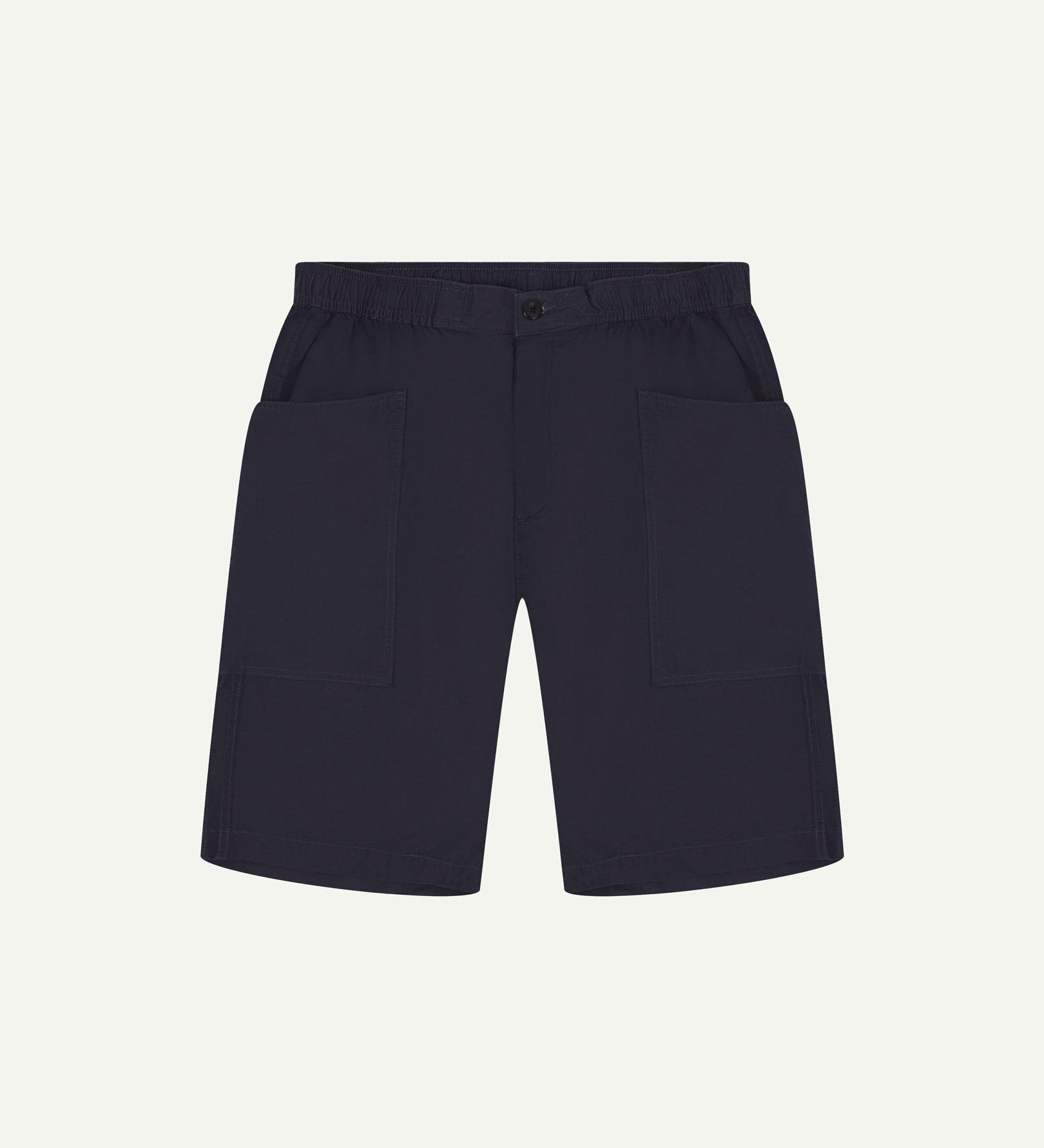 Front flat view of midnight blue organic cotton #5015 lightweight cotton shorts by Uskees. Clear view of drawstring and deep front pockets.