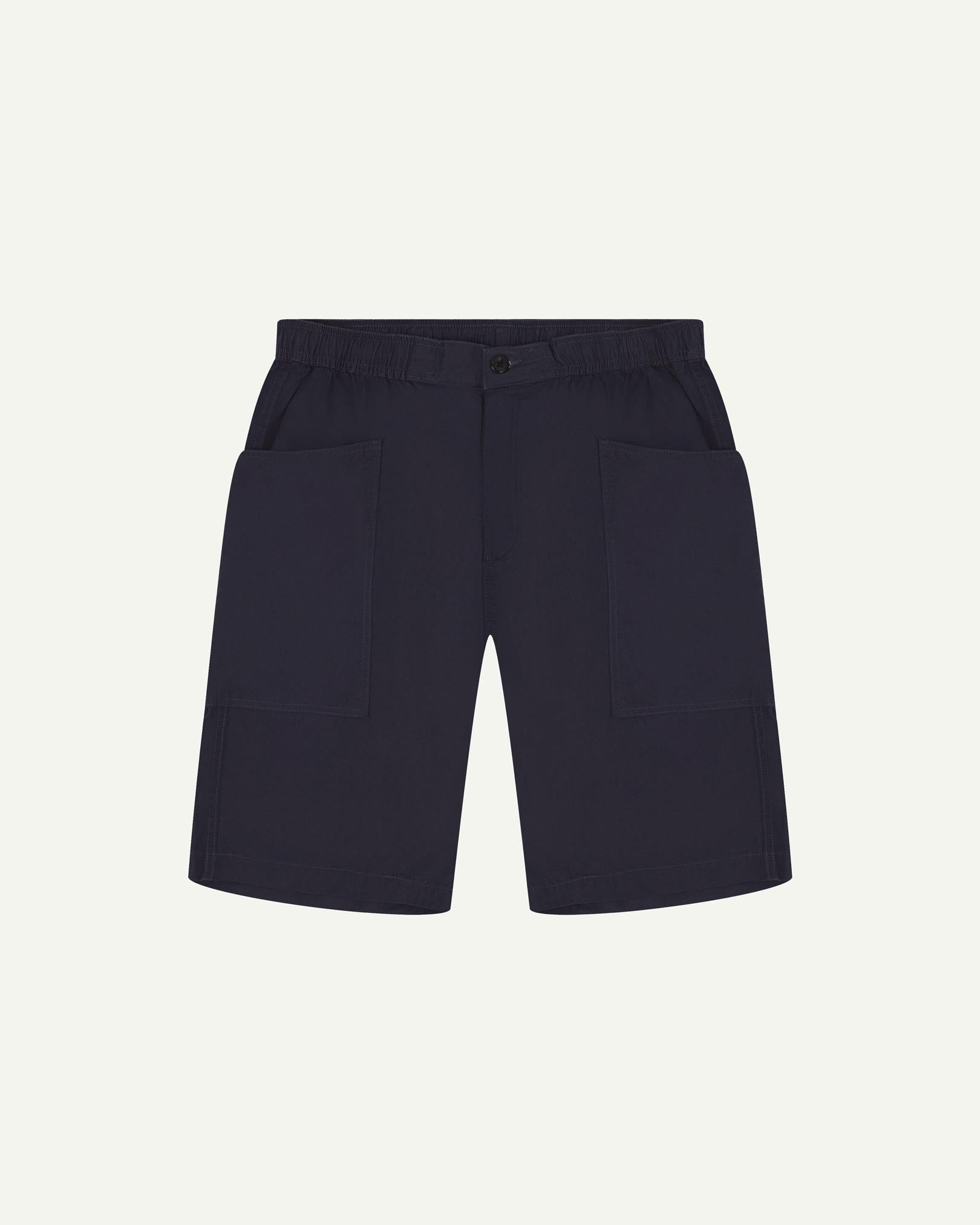 Front flat view of midnight blue organic cotton #5015 lightweight cotton shorts by Uskees. Clear view of drawstring and deep front pockets.