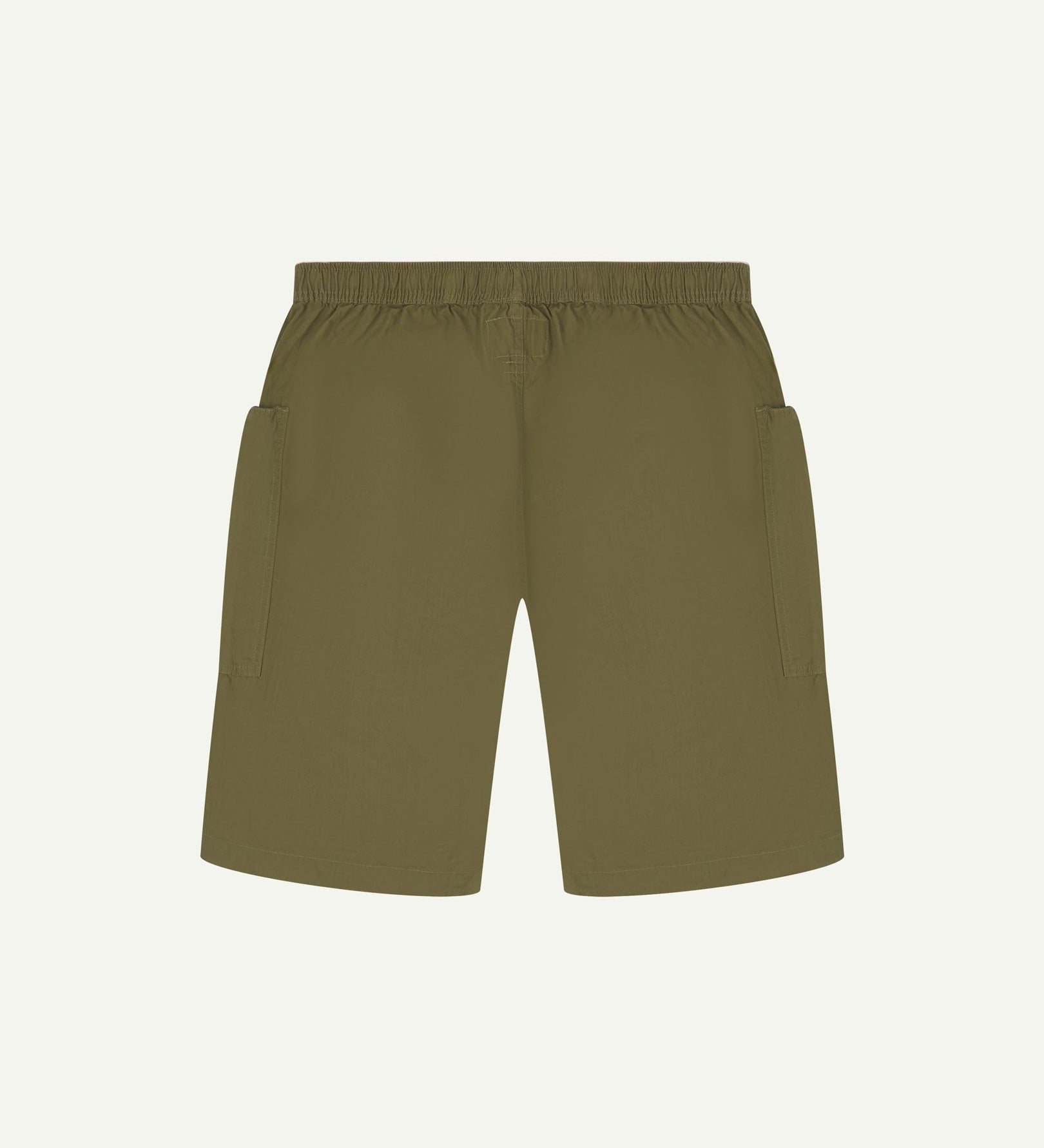 Back flat view of olive-green organic cotton #5015 lightweight cotton shorts by Uskees. Clear view of lightweight elasticated waist and pockets.