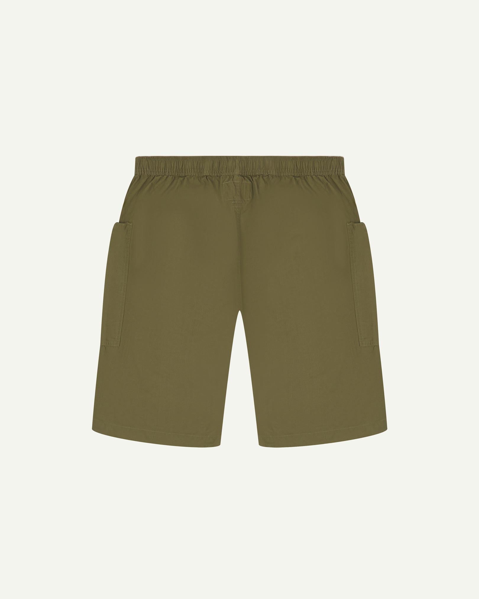 Back flat view of olive-green organic cotton #5015 lightweight cotton shorts by Uskees. Clear view of lightweight elasticated waist and pockets.