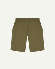 Back flat view of olive-green organic cotton #5015 lightweight cotton shorts by Uskees. Clear view of lightweight elasticated waist and pockets.