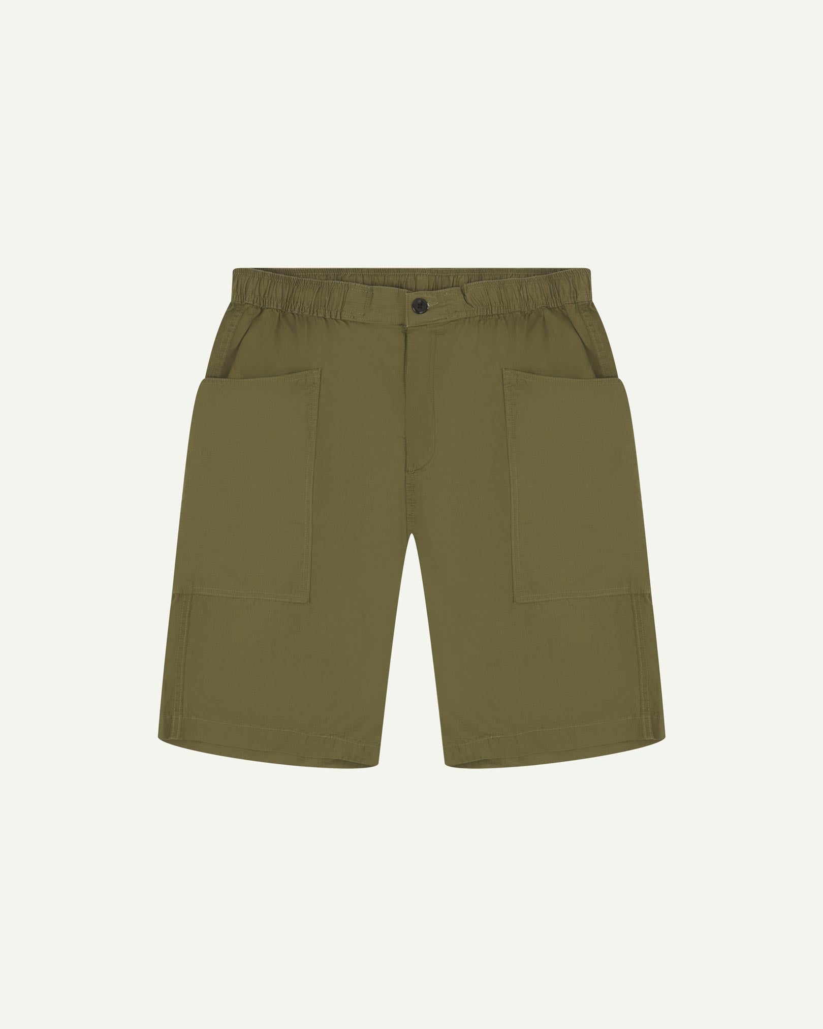 Front flat view of olive-green organic cotton #5015 lightweight cotton shorts by Uskees. Clear view of drawstring and deep front pockets.