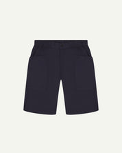 front flat shot of Uskees lightweight shorts in midnight blue showing pocket detail