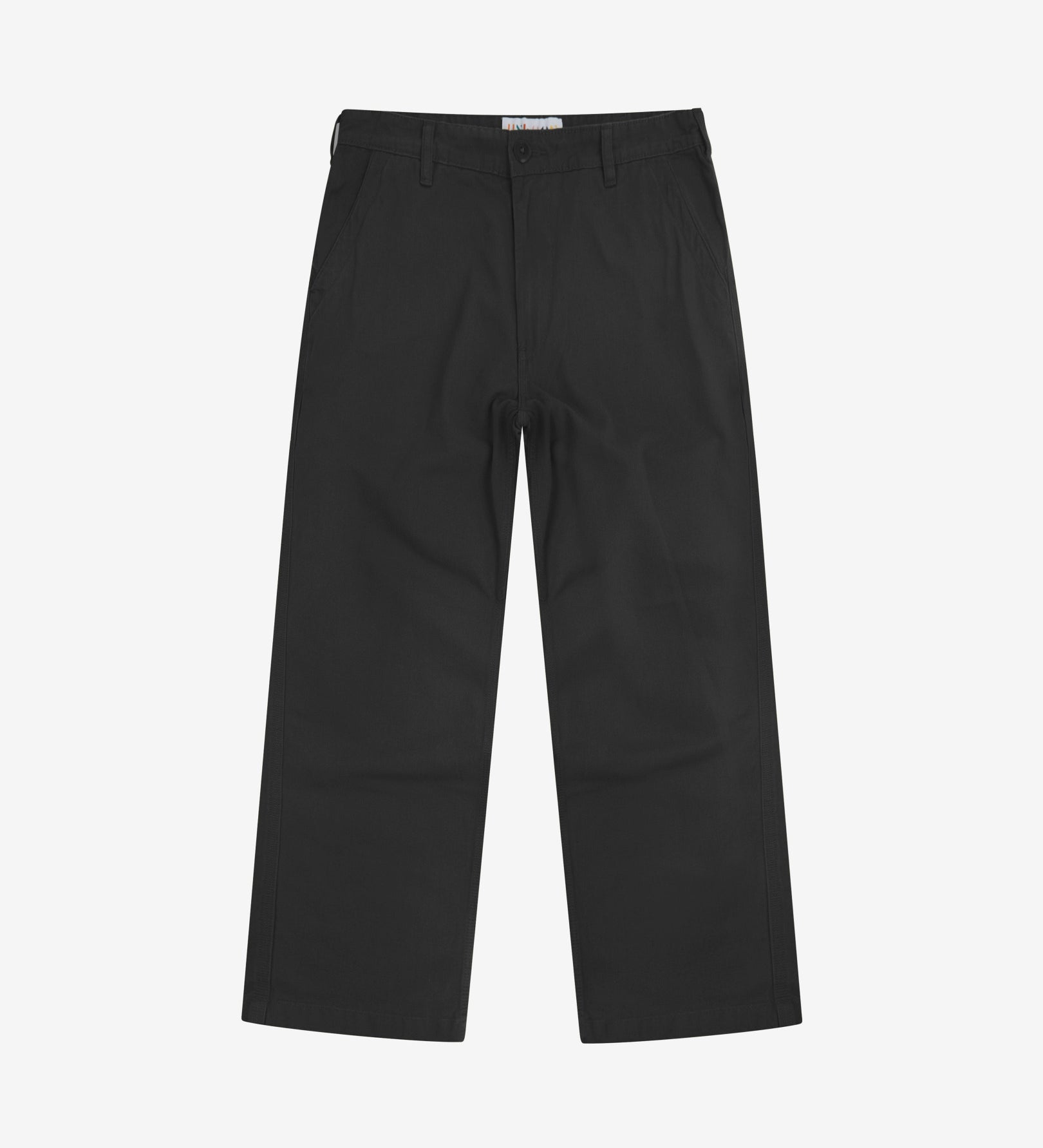 Front flat view of 5016 Uskees men's organic twill, black 'commuter' trousers showing straight leg fit and reinforced crotch area.