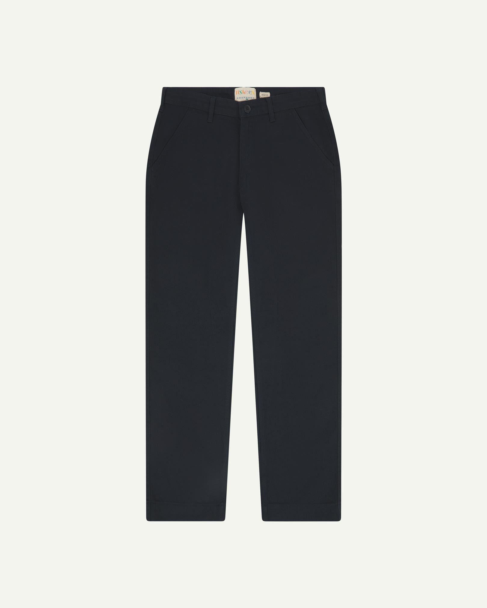 Front flat view of 5016 Uskees men's organic heavyweight drill blueberry 'commuter' trousers showing straight leg fit.