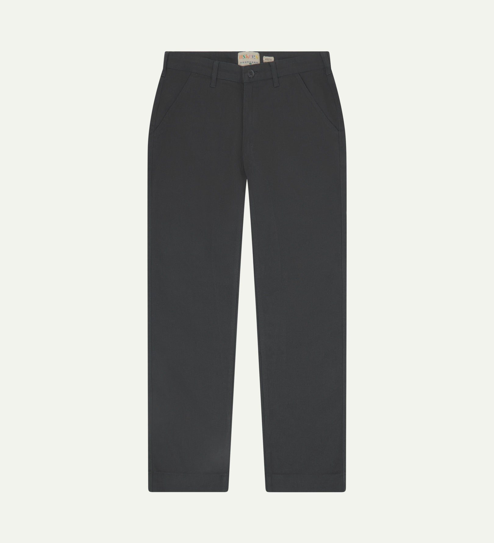 Front flat view of 5016 Uskees men's organic heavyweight drill charcoal grey 'commuter' trousers showing straight leg fit.