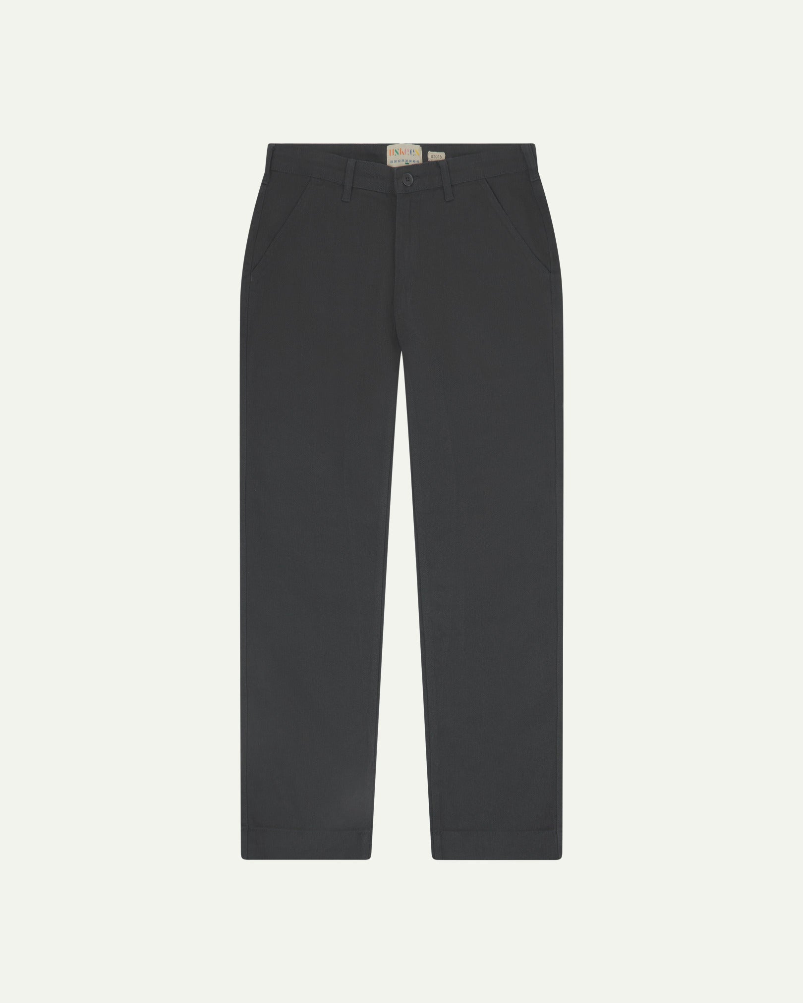 Front flat view of 5016 Uskees men's organic heavyweight drill charcoal grey 'commuter' trousers showing straight leg fit.