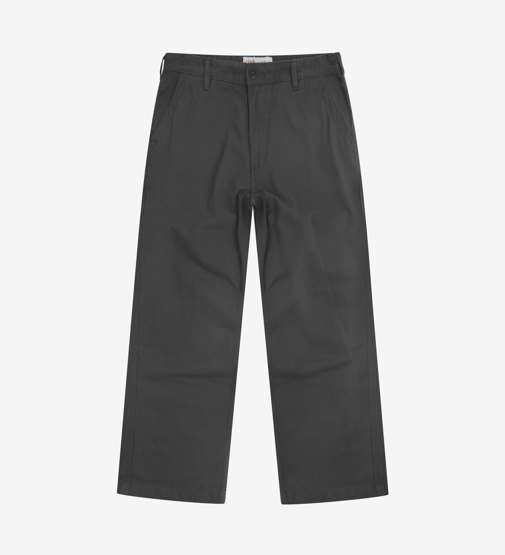 Front flat view of 5016 Uskees men's organic twill charcoal grey 'commuter' trousers showing straight leg fit.